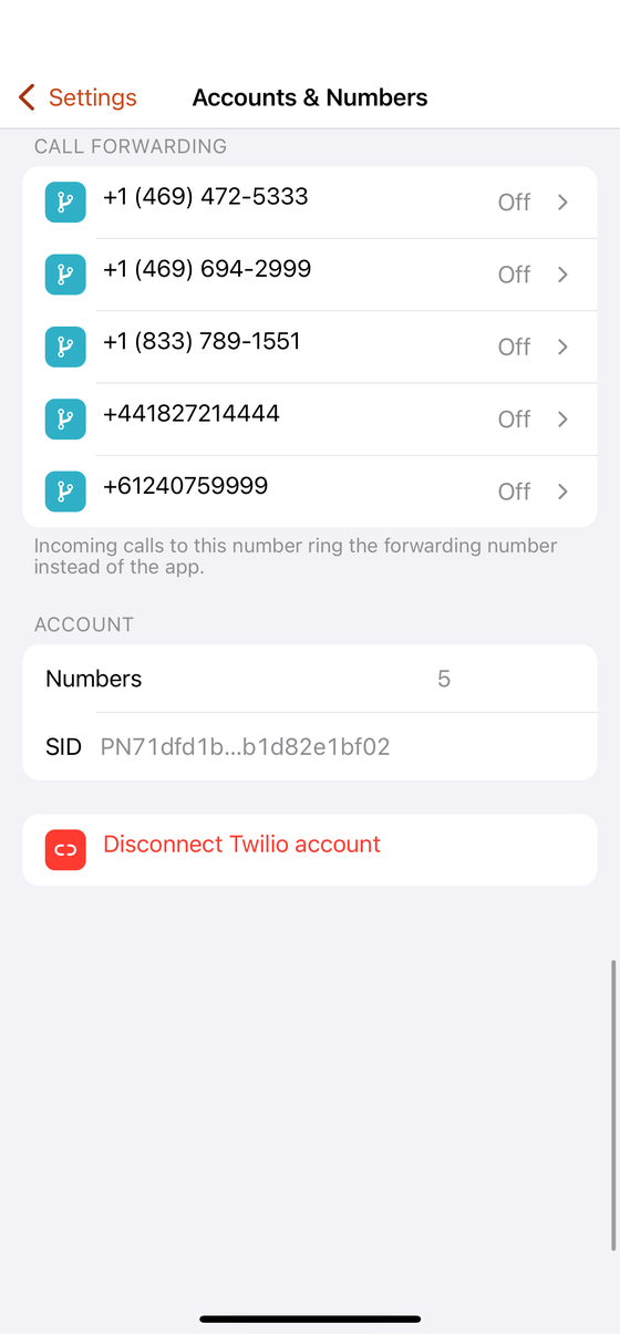 Connected Twilio numbers