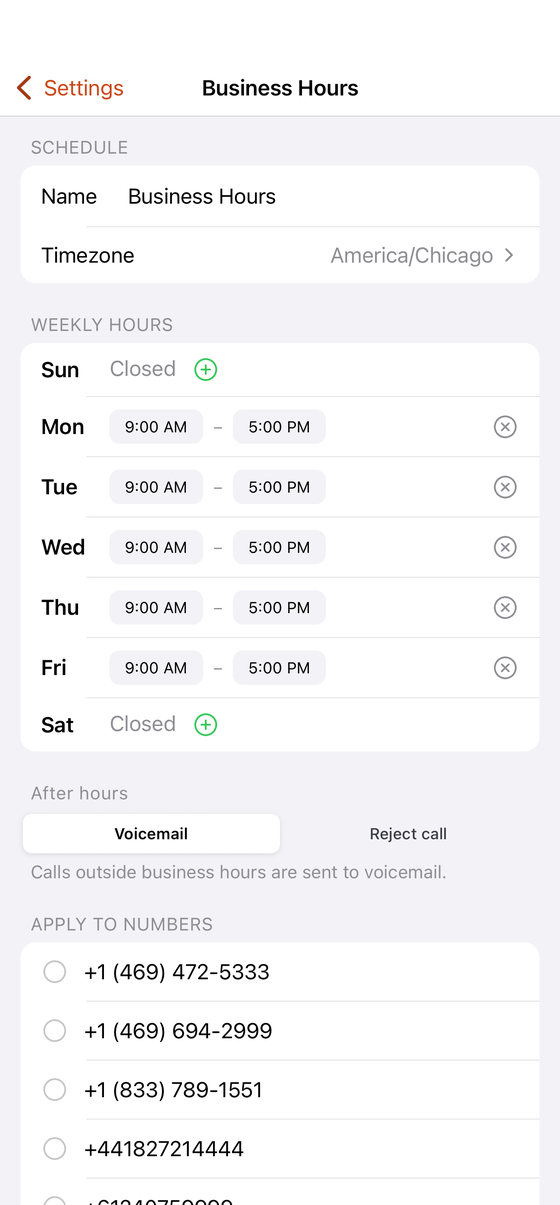 Business hours schedule