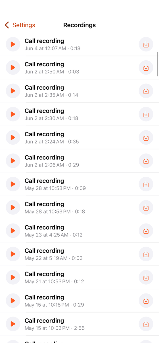 List of saved call recordings