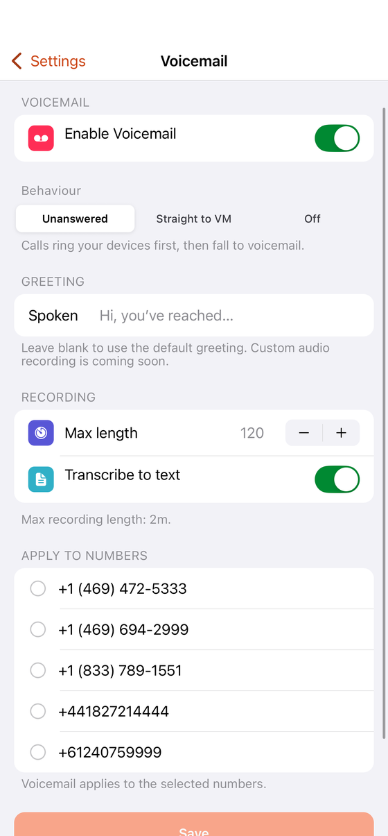 Voicemail settings with transcription